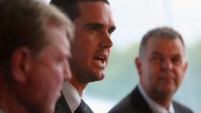 Hugh Morris, the England team managing director, Kevin Pietersen and Geoff Miller, the national selector, at the announcement of the new England captain at Lord's cricket ground.