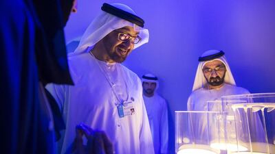 Sheikh Mohammed bin Rashid, Vice President and Ruler of Dubai, and Sheikh Mohammed bin Zayed, Crown Prince of Abu Dhabi and Deputy Supreme Commander of the Armed Forces, tour the Museum of the Future on Monday. Mohamed Al Hammadi / Crown Prince Court – Abu Dhabi
