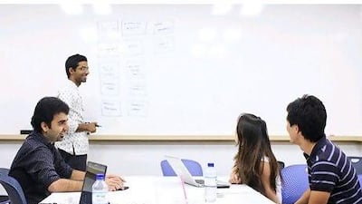 From left: Emirati filmmakers Abdulla Al Kaabi, Mustafa Abbas, Mariam Al Serkal and Nawaf Al Janahi were chosen by the Abu Dhabi Film Commission to represent and promote the UAE film industry at the Cannes Film Festival. Stephen Lock for The National