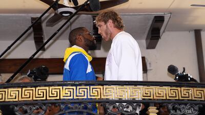 Floyd Mayweather Jr and Logan Paul face off at Villa Casa Casuarina ahead of their exhibition boxing bout. Reuters