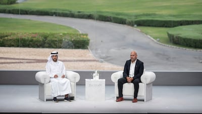 Salim Ismail, founding executive director of Singularity University (R), delivers a lecture titled, 'How Technology Grows Organisations into the Future' at Majlis Mohamed bin Zayed.