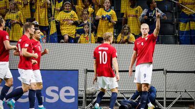 Erling Haaland celebrates scoring Norway's second goal during the Nations League match between Sweden and Norway at Friends Arena in Stockholm, Sweden, 05 June 2022. EPA