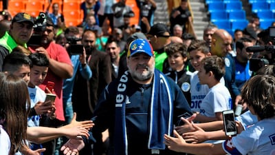 Diego Maradona, arriving at Gimnasia's match against Godoy Cruz. Gimnasia won the match 4-2 securing Maradona his first victory in charge of the club in October 2019. AFP