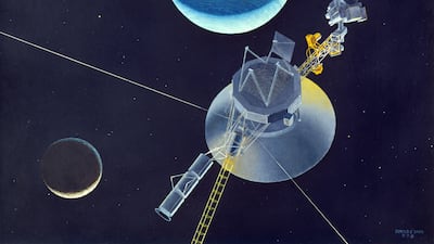 1981: A simulation of the space probe Voyager 2 preparing to leave our solar system to become the fourth interstellar craft. MPI/Getty Images