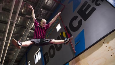 Danny Leicester shows off his trampoline and gymnastics skills at the newly opened Bounce trampoline facility in Dubai. Antonie Robertson / The National