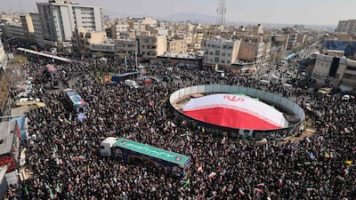 Mourners gather at the funeral of Ali Larijani, Iran's security chief, Gholamreza Soleimani, Basij forces’ commander, and dozens of Iranian sailors, all killed in the current war, in Tehran. AFP