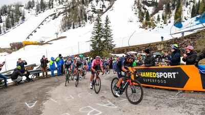 Colombian rider Egan Bernal, in the race leader's pink jersey, behind Britain's Simon Yates, right, during Stage 14 of the Giro d'Italia on Saturday, May 22. AP