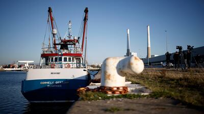The 'Cornelis Gert Jan', a British trawler, is moored at the port in Le Havre after being seized by French authorities. EPA