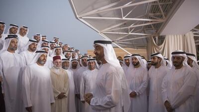 Sheikh Mohammed bin Zayed, Crown Prince of Abu Dhabi and Deputy Supreme Commander of the Armed Forces, talks to members of the official UAE mission to the Haj, at the Sea Palace on Tuesday. Those present included Dr Farouq Hammada, Islamic consultant for the Crown Prince's Court, and Dr Mohammed Al Kaabi, Chairman of Awqaf. Mohamed Al Hammadi / Crown Prince's Court Abu Dhabi