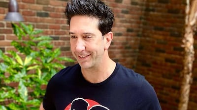 David Schwimmer, who played Ross in 'Friends', wears a 'Lobsters' T-shirt from the limited edition Cast Collection of merchandise
