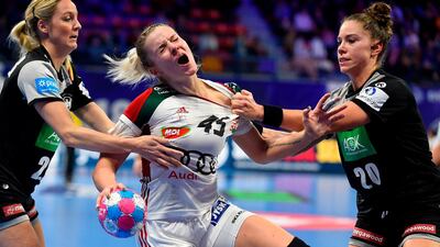 2018 European Women's handball action between Hungary and Germany. AFP