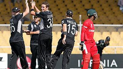 Tim Southee celebrates the wicket of Taitenda Taibu at Sardar Patel Stadium, Ahmedabad. Getty Images / Graham Crouch