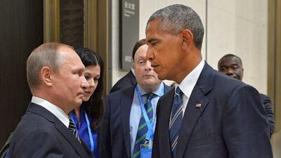 Russian president Vladimir Putin talks to US president Barack Obama during a meeting at the sidelines of the G20 Summit in Hangzhou, China, on September 5, 2016. Alexei Druzhinin / Sputnik / EPA