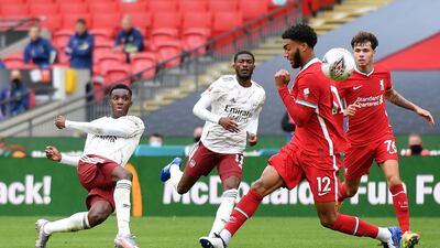 Arsenal's Eddie Nketiah shoots at goal. Reuters