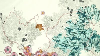 10 Communes, IE & ET Organism by Tiffany Chung: This beautiful image was one of my personal favourites. Chung is a Vietnamese artist who won a prize at last year’s Sharjah Biennial and whose work is widely appreciated in this region. She uses felt pen on vellum, a material like tracing paper, to map out patterns that resemble urbanisation but at the same time look like microorganisms, which gives a different perspective on the sociopolitical structure of cities. Courtesy: Tyler Rollins Fine Art