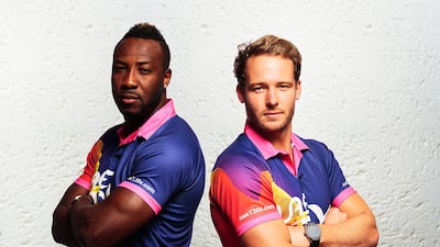 West Indies all-rounder Andre Russell, left, and South Africa batsman David Miller have been roped in as 'icon players'. UAE T20x