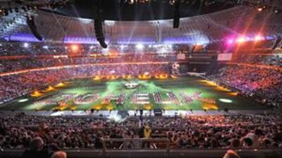 Artists perform during the opening ceremony of the Donbass Arena in Donetsk last Saturday. The newly-built stadium is supposed to host matches at Euro 2012, but Uefa have yet to make a final decision and it is reported that the city may miss out due to lack of infrastructure.