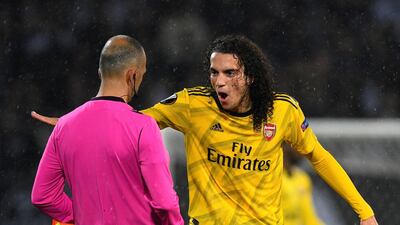 Matteo Guendouzi protests to the referee during the Europa League match against Vitoria Guimaraes. Getty