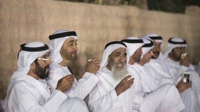 Sheikh Mohammed bin Zayed, Crown Prince of Abu Dhabi and Deputy Supreme Commander of the Armed Forces, second left, hosts a barza in Hili Oasis. He is seen with Sheikh Tahnoon bin Mohammed, Ruler’s Representative of the Eastern Region of Abu Dhabi, left. Ryan Carter / Crown Prince Court - Abu Dhabi