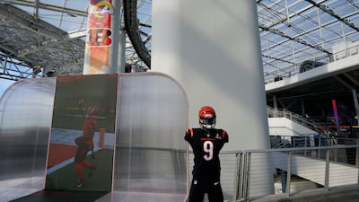 A Cincinnati Bengals uniform is displayed inside SoFi Stadium. AP