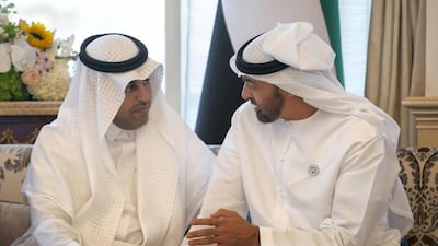 Sheikh Mohammed bin Zayed, Crown Prince of Abu Dhabi and Deputy Supreme Commander of the UAE Armed Forces (right), receives Dr Mishaal bin Fahm Al Salami, Speaker of the Arab Parliament during a Sea Palace barza. Courtesy Crown Prince Court - Abu Dhabi