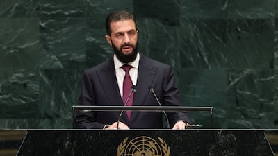 Syria's President Ahmad Al Shara speaks during the 81st UN General Assembly in New York. AFP