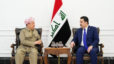 Iraqi Kurdish political leader Masoud Barzani meeting with Prime Minister Mohamed Shia al-Sudani in Baghdad. AFP