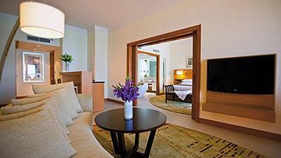 Simple, contemporary decor and clean lines characterise the rooms at The Mövenpick Hotel, Jumeirah Beach, Dubai.