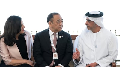 Sheikh Saif bin Zayed, Deputy Prime Minister and Minister of Interior, speaks with delegates from The Interfaith Alliance for Safer Communities Forum, during a Sea Palace barza. Rashed Al Mansoori / Ministry of Presidential Affairs