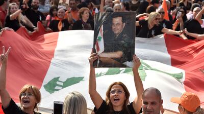 Supporters of the outgoing Lebanese President Michel Aoun gather at Baabda Palace ahead of Aoun's farewell ceremony at the end of his term, Baabda, east of Beirut, Lebanon. EPA