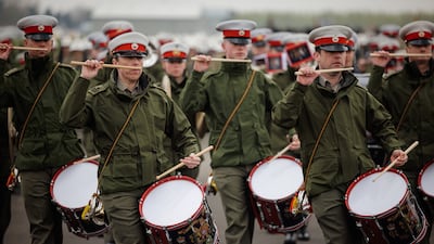 Drummers from the Band of His Majesty's Royal Marines from Portsmouth at the rehearsal. Getty