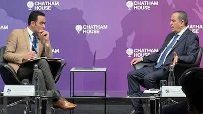 Abdelrazak Al Hijri, right, speaking at Chatham House in London. Photo: Isra Gilani