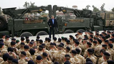 British prime minister Tony Blair addressing troops at Shaiba Logistics Base in Basra, Iraq. Adrian Dennis / AFP