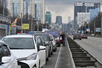 A huge traffic jam in Kiev as people try to leave the city in the direction of western Ukraine. AFP