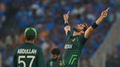 Pakistan's Shaheen Afridi celebrates the wicket of India's Shubman Gill. AP