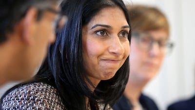 Britain's Home Secretary Suella Braverman and Britain's Prime Minister Rishi Sunak attend a meeting of the Grooming Gang Taskforce. Reuters