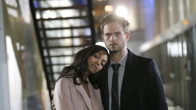 Actress Zoe Saldana, left, and actor Patrick J Adams during the shooting of the adaptation of the psychological horror movie Rosemary’s Baby by Polish director Agnieszka Holland in Issy-les-Moulineaux, outside Paris. Saldana and Adams star in the two-episode remake of Ira Levin’s 1967 book, which director Roman Polanski also turned into an unforgettable 1968 film. Christophe Ena / AP photo