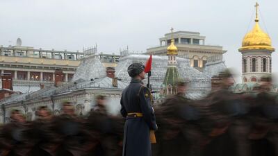 Russian soldiers during a military parade at the Red Square in Moscow. Vasily Maximov / AFP