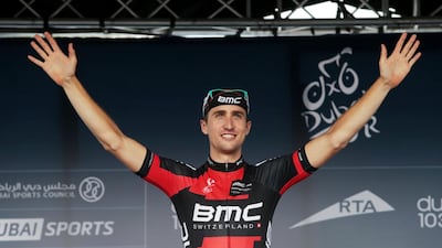Taylor Phinney of team BMC celebrates winning the first stage of the inaugural Dubai Tour on Wednesday. Christopher Pike / The National