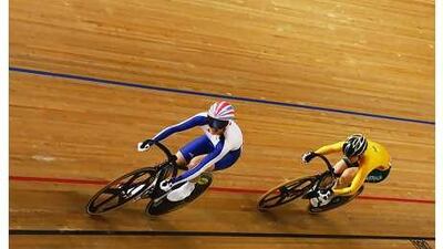 British cyclist Victoria Pendleton leads Anna Meares of Australia in the women's sprint finals.