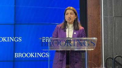 Departing Federal Trade Commission chairwoman Lina Khan at the Brookings Institution in Washington. Photo: Cody Combs