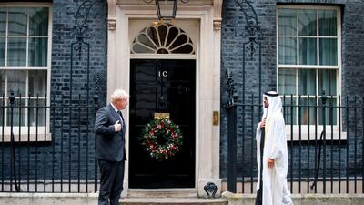 British Prime Minister Boris Johnson (l) welcomed ‘significant’ UAE investment in the UK when he met Crown Prince of Abu Dhabi and Deputy Supreme Commander of the Armed Forces, Sheikh Mohamed bin Zayed in London. AFP