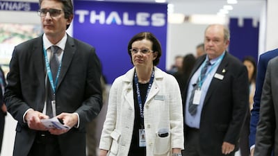 Pascale Sourisse, centre, the vice president of Thales, said that Arabian Gulf countries ‘have understood the diversified types of threat, and it’s about protection of its territories, citizens and goods’. At left is Patrice Caine, the chief executive of Thales Group. Pawan Singh / The National