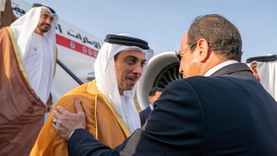 Sheikh Mansour bin Zayed, UAE Deputy Prime Minister and Minister of Presidential Affairs, is received by Abdel Fattah El Sisi, President of Egypt. Mohamed Al Hammadi / Ministry of Presidential Affairs