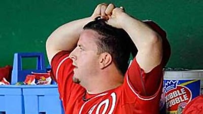 Washington 's Matt Capps shows his frustration after Sunday's defeat to the Cincinnati Reds.
