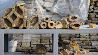 Fragments of rubble collected to be re-used are seen during the reconstruction of Iraq's the Great Mosque of Al-Nuri and its adjoining "Al-Hadba" leaning minaret in Mosul. AFP.