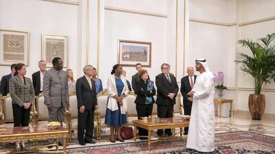Sheikh Mohamed bin Zayed speaks after witnessing a signing of the collaborative declaration on global health, at the Sea Palace. Rashed Al Mansoori / Ministry of Presidential Affairs
