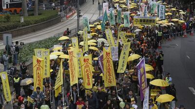 Thousands of pro-democracy activists took part in a democracy march in Hong Kong on February 1, 2015, demanding universal suffrage but said they were not planning to occupy the streets as they did for two and a half months last year. Kin Cheung / AP Photo