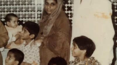 The Siraj family at Mumbai airport in 1974 after they had moved to live in Dubai. Photo: Siraj family