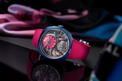 The second iteration of the H Moser & Cie. X Alpine Motorsports Streamliner Cylindrical Tourbillon Skeleton Alpine Limited Edition sits pretty in pink. Photo: H Moser & Cie